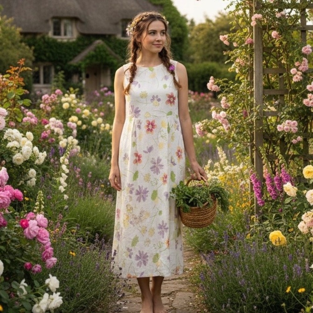 Real Comfort 90s Floral Print Sleeveless Midi Dress Women‎ Size 14P 100% Linen